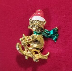 Festive Christmas Cat Skiing Pin Red Green Gold New Vintage